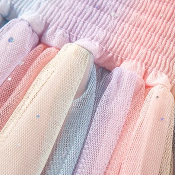 Rainbow Pastel Striped Girls Sleeveless Smocked Glitter Tulle Dress - Picture 4 of 5